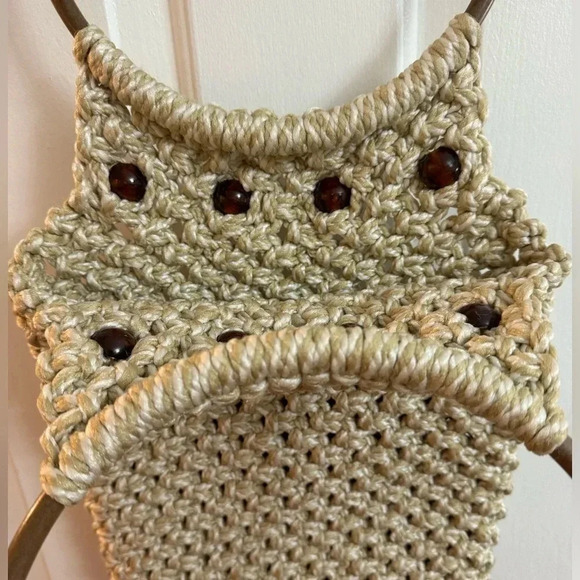 Vintage Handmade Macramé Purse Wooden Handles 70’s 80’s Hippy Kitschy Bohemian - Picture 5 of 13